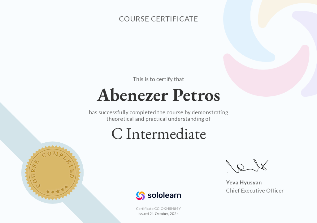 Sololearn C Intermediate Certificate