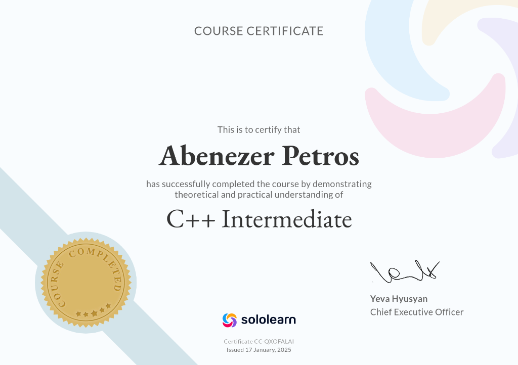 Sololearn C++ Intermediate Certificate
