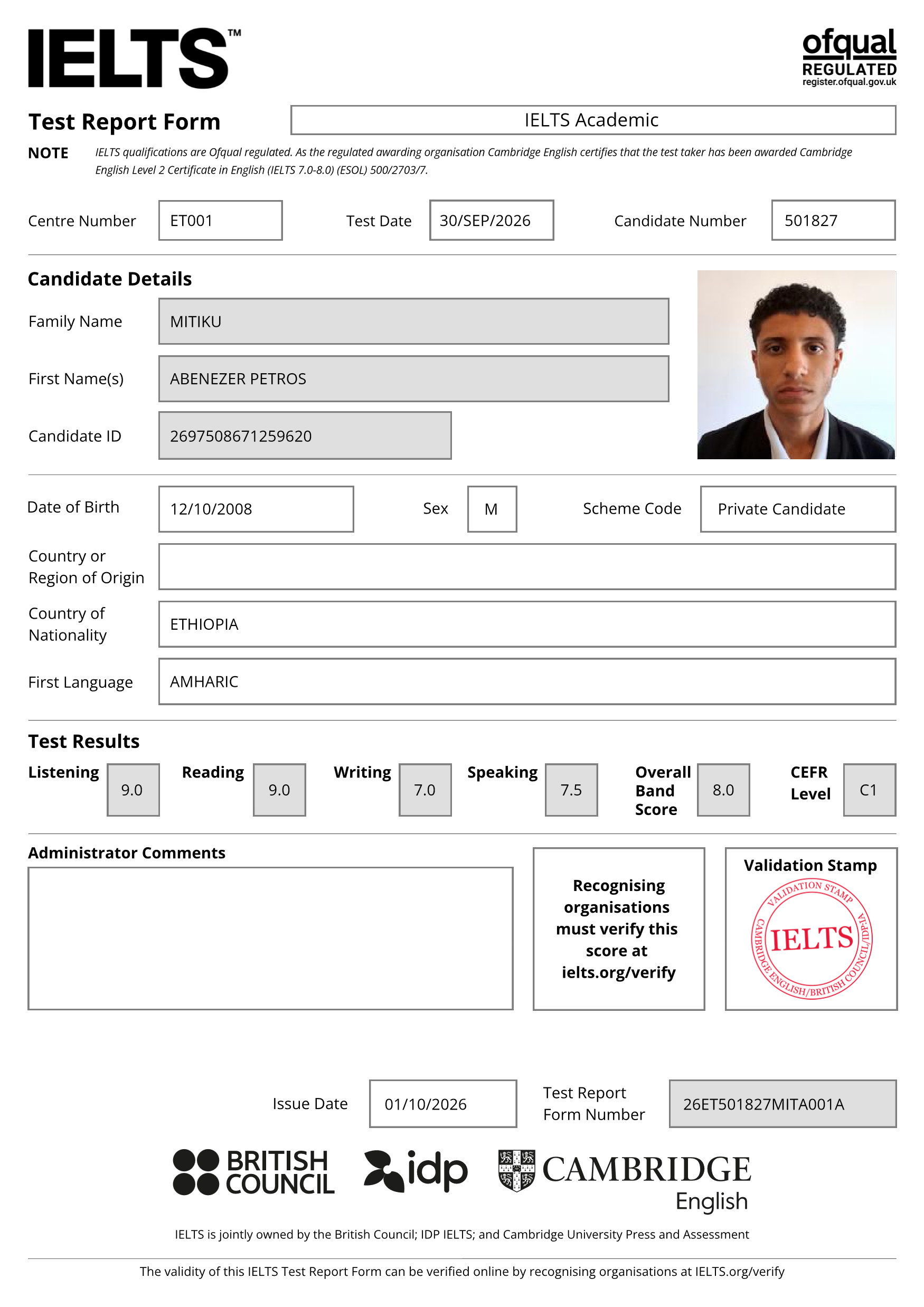 IELTS Academic Test Report Form Preview