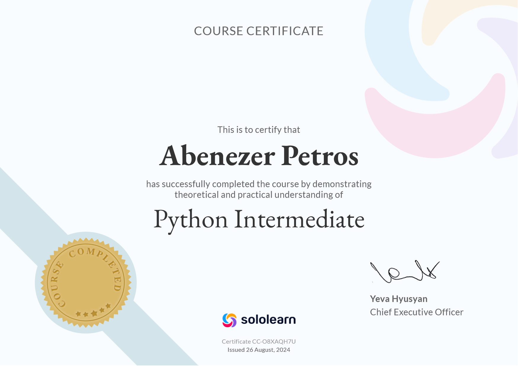 Sololearn Python Intermediate Certificate